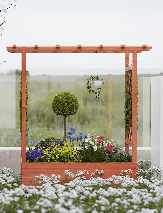 Outdoor Raised Garden Bed with Trellis & Roof - 45" H Planter Box with Side Supports, Canopy, and Drainage Holes – Perfect for Climbing Plants, Vines, and Blossoms