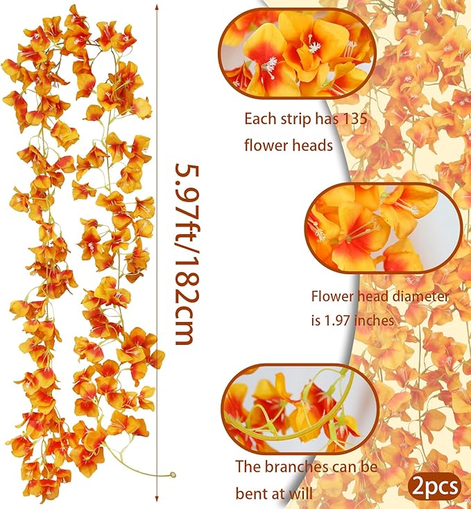 2 Pcs Artificial Bougainvillea Flowers Garland Fake Silk Bougainvilleas Vines Trailing Orange Faux Hanging Flowers Plants Bougainvillea Artificial for Porch Wedding Arch Spring Summer Decor
