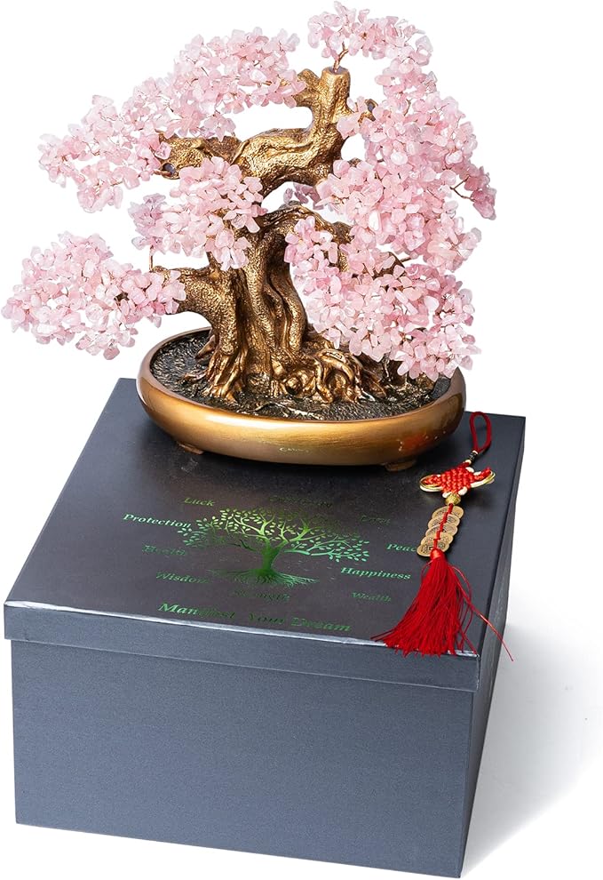 Natural Rose Quartz Gemstone Crystal Bonsai Tree of Life Large Feng Shui Money Chakra Tree for Luck and Wealth Decoration(1,251 Gem Count)