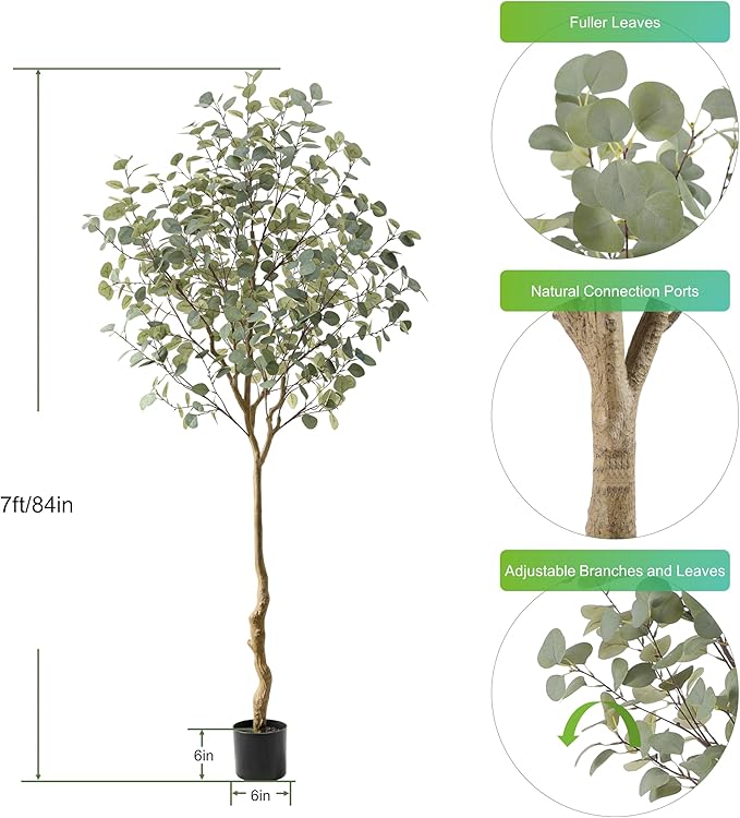Tall Eucalyptus Tree Artificial，8ft(96in) Faux Eucalyptus Tree with Realistic Silk Leaves， Fake Trees Indoor Outdoor for Home Office Living Room Bedroom Foyer Porch Decor.