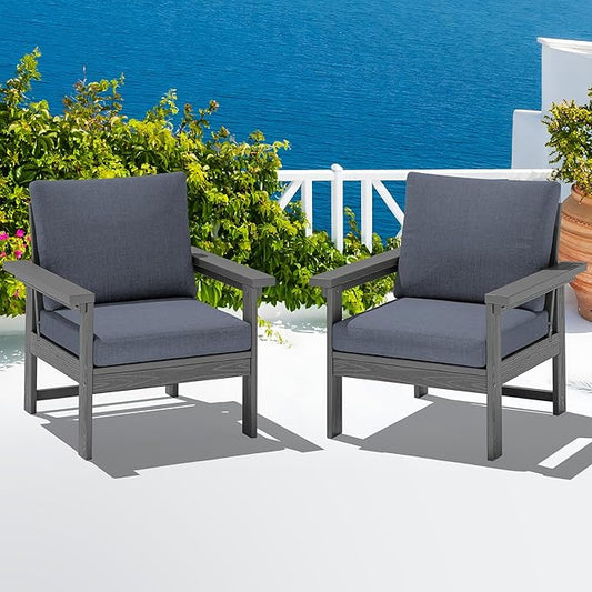 SERWALL Outdoor Patio Sofa Set, 2-Piece HDPE Single Seat Outdoor Sofa Chair with Padded Cushions, Gray Frame with Gray Cushion