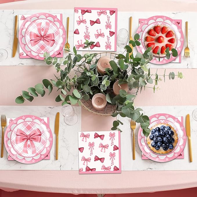 40Pcs Pink Bow Birthday Party Decorations for 20 Guests - Pink Bow Plates and Napkins Party Supplies for Girls Baby Shower