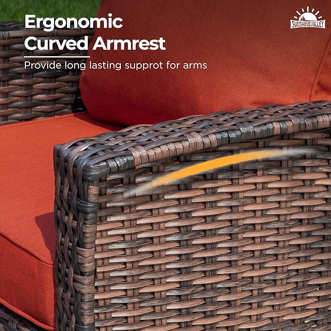 6 Piece Patio Furniture Set with Swivel Chairs, High Back Wicker Rattan Sofa with Extra Thick Cushion, Coffee Table and Ottoman, Outdoor Conversation Set for Backyard Deck,Red