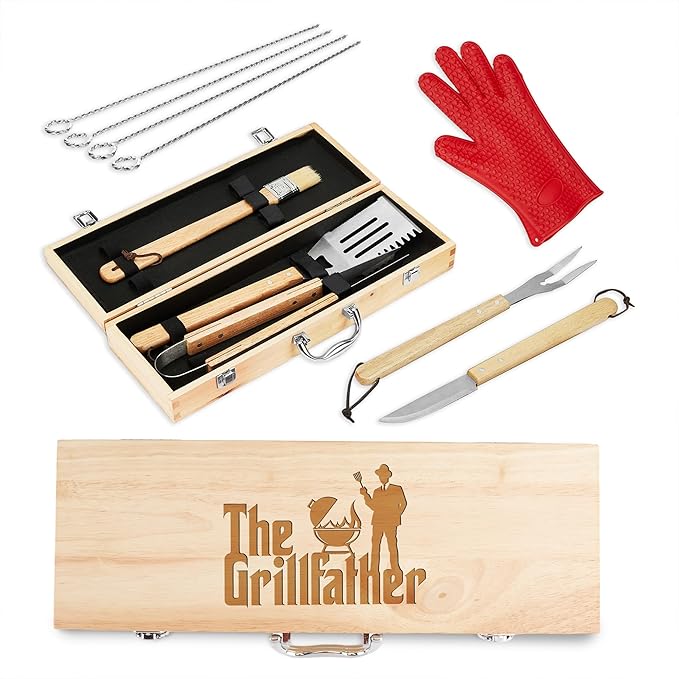 11-Piece BBQ Grilling Set with Engraved Maple Wood Box Gift for Dad Men Stainless Steel Tools with Wooden Handles The Grillfather - Christmas