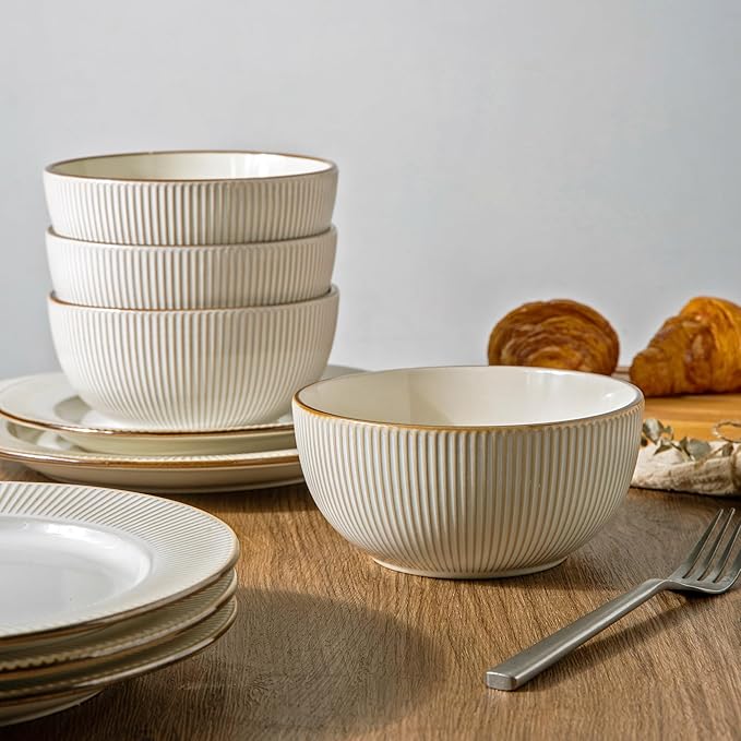 GBHOME Ceramic Dinnerware Sets,18 pcs Embossed Elegant Stoneware Plates and Bowls Sets, Housewarming Wedding Gift | Dishwasher & Microwave Safe | Dishes Set Service for 6
