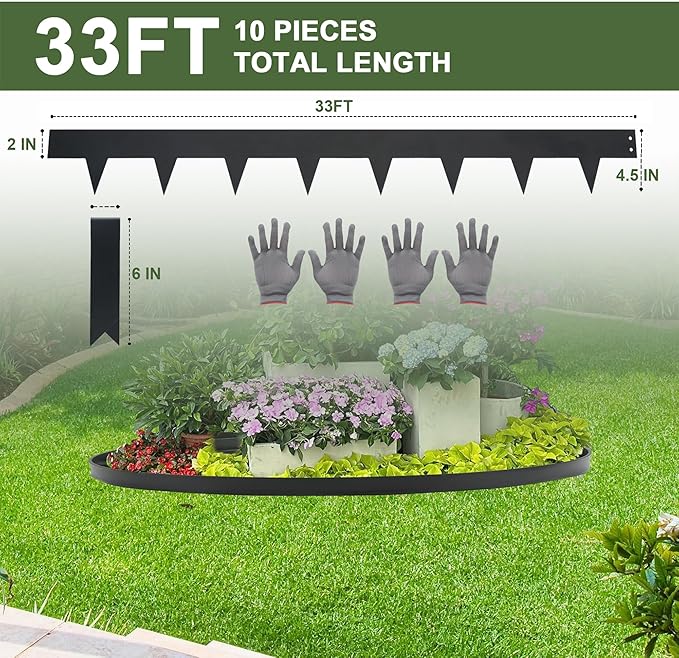 Garden 10-Pack Galvanized Steel Landscape Lawn Edging 33Ft 4.5in H Black Powder Coated Bendable Metal Strips - Hammer-in Edging Border w/ 11 Clips - Yard Pathway Divider