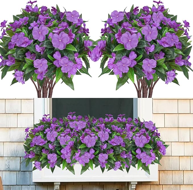 8 Pcs Artificial Impatiens Flowers for Outdoors Faux Impatiens Bushes Silk Flowers Purple UV Resistant Faux Flowers for Outdoor Planters Pot Lawn Balcony Hanging Basket Porch Decor