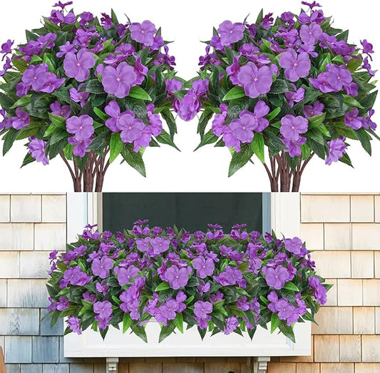 8 Pcs Artificial Impatiens Flowers for Outdoors Faux Impatiens Bushes Silk Flowers Purple UV Resistant Faux Flowers for Outdoor Planters Pot Lawn Balcony Hanging Basket Porch Decor