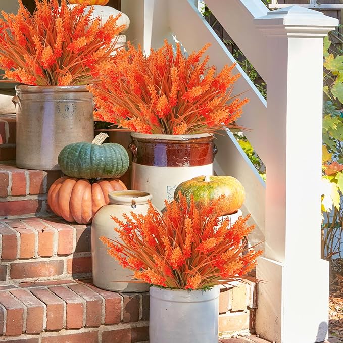 36 Bundles Artificial Fall Flowers Outdoors Fake Fall Lavender Flowers UV Resistant No Fade Plastic Faux Fall Plants for Indoor Home Porch Autumn Thanksgiving Fall Decorations (Orange)