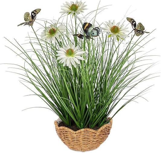 Artificial Plants Indoor with Pot, 17.3" Fake Potted Plants Artificial Onion Grass Plant with White Daisies Flowers and Butterflies Small Faux Plant Indoor for Home Living Room Table Shelf Decor