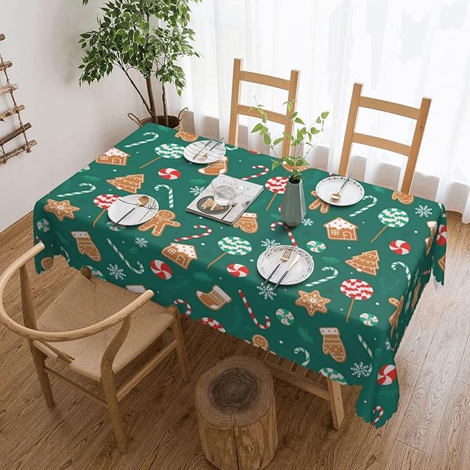 Christmas Candy Cane Tablecloth for Dining Tables, Reusable Snowflake Cookies Table Cloths Tabletop Decoration Holiday Green Xmas Tree Rectangle Table Cover for Home,Kitchen,Party,54x72Inch