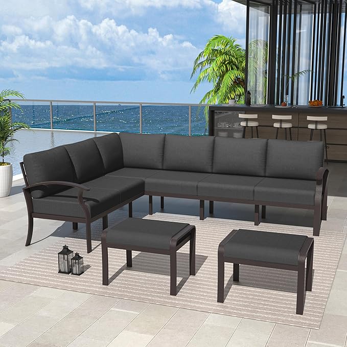 Kurapika Patio Furniture Set 8-Piece Aluminum Sectional Sofa with Armrest, Modern Outdoor Conversation Set, Metal Corner Sofa with Ottoman, Black
