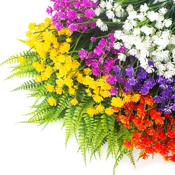 24 Bundles Artificial Flowers for Outdoor Decoration UV Resistant Fake Plastic Plants Faux Boston Fern Artificial Greenery for Summer Indoor Outdoor Garden Patio Window Box Kitchen Home Decor
