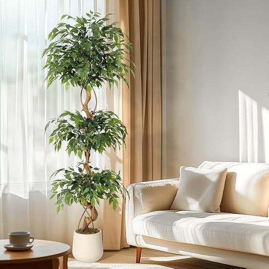 GarveeHome Ficus Artificial Tree with Curved Trunk，6 ft Faux Plant Fake Silk Trees with White Pot, Fake Ficus Tree for Home Decor, Artificial Plants Indoor for Office Living Room