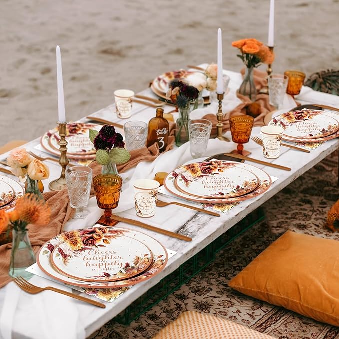 350 Pcs Boho Fall Wedding Bridal Shower Paper Plate Autumn Vintage Rose Pampas Grass Disposable Tableware Set With Knives Fork Cheers to Love Bachelorette Party Favor for 50 Guest