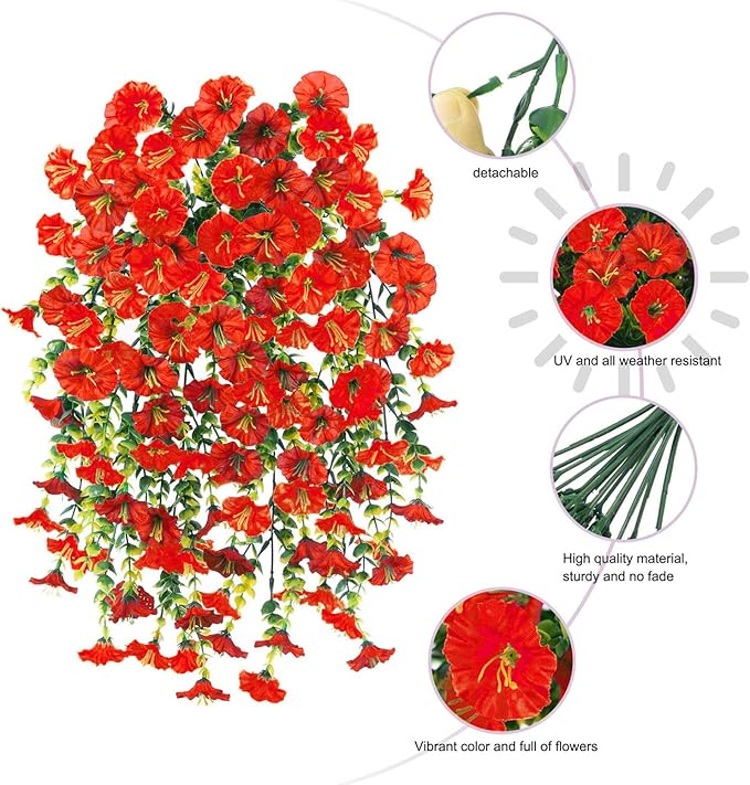 6-Pack Outdoor Faux Plants, 69-Flowered Large Morning Glory, Uv-Resistant Artificial Morning Glory,Perfect for Outdoor Decoration in All Seasons Such as Porches and Gardens (Red + Orange)