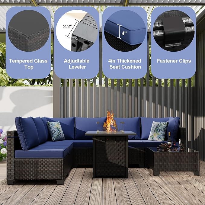 Patio Furniture Set with Fire Pit Table 28", 8-Piece Outdoor Furniture Conversation Set with Cushions, Wicker Sectional Sofa for Porch Garden Backyard, Brown/Blue