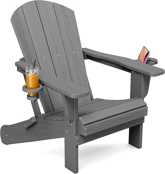 SERWALL Folding Adirondack Chair, Dual Cup Holders & All-Weather HDPE, Wood-Like Patio Chair for Backyard, Camping，Pool & Fire Pit- Grey