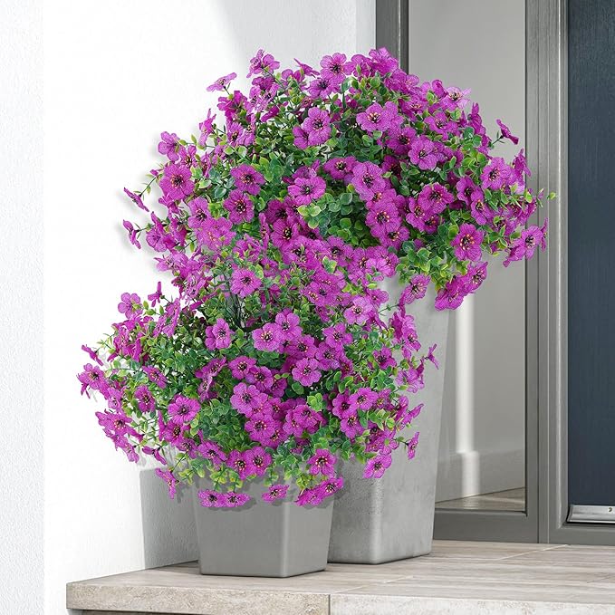 10 Bundles Artificial Faux Flowers for Outdoor,10Pcs Fake Flowers for Home Decor,Plastic Flowers Shrubs Lifelike Artificial Greenery Home Porch Stems Outside Decor(Fuchsia)