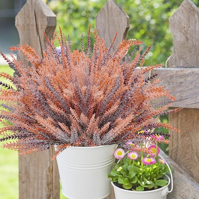 30 Bundles Artificial Fall Flowers Outdoors Fake Fall Lavender Flowers UV Resistant Plastic Faux Fall Plants for Indoor Home Porch Autumn Thanksgiving Fall Decorations (Brown)