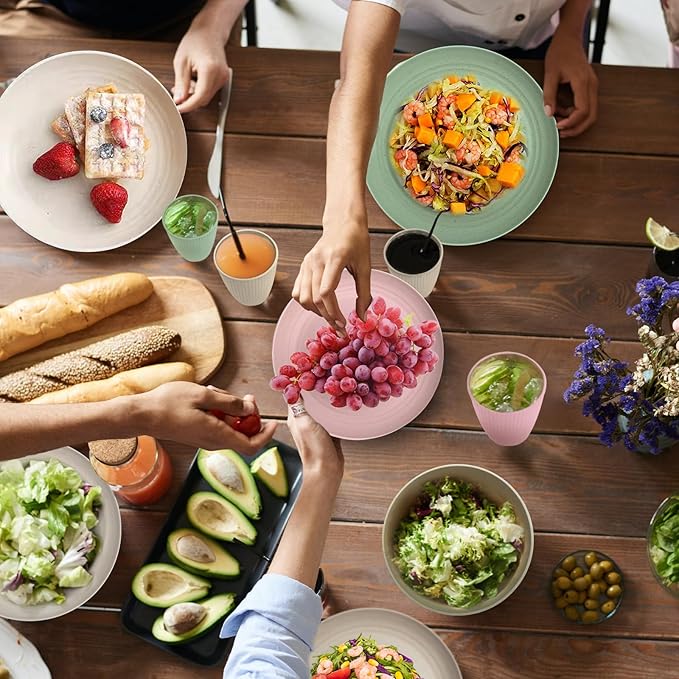 Wheat Straw Dishes Set for 8, Dinnerware Sets 32 piece, Unbreakable Plates, Bowls, Cups Sets for Kitchen Parties Camping RV - Multi-color