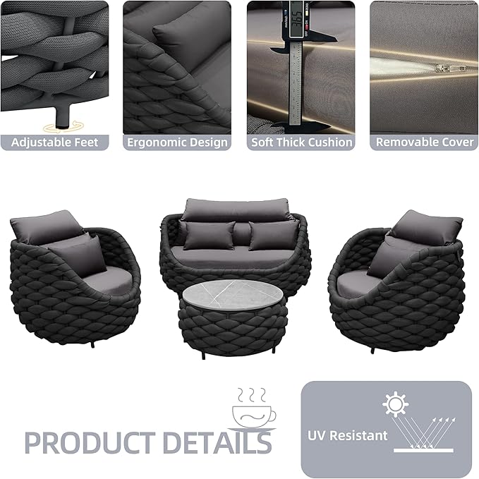 TWT Patio Furniture Set 4 Pieces Aluminum Outdoor Furniture w/27.8in Coffee Table,Patio Conversation Set with Hand Woven Polyester Rope for Backyard Garden Poolside,Dark Gray