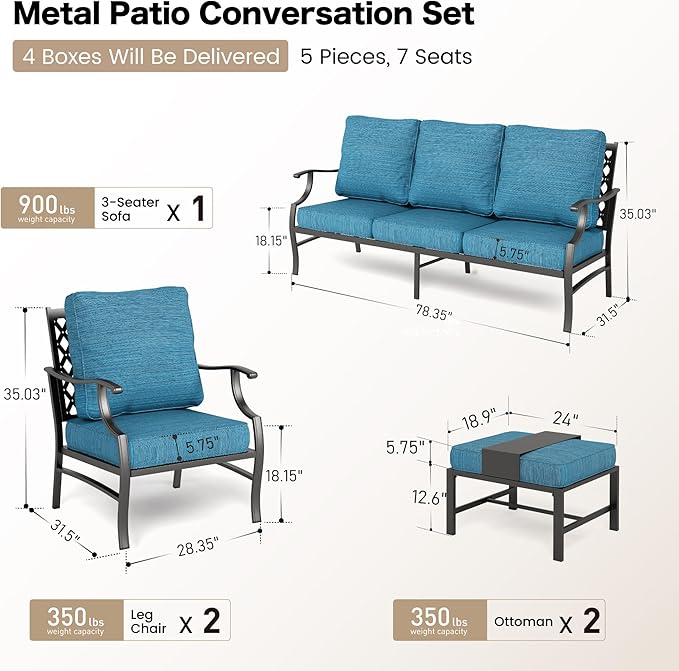 5 Piece Metal Outdoor Patio Furniture Set, Patio Conversation Sets 3-seater Sofa, 2 Fixed Chair, 2 Ottomans with 5.75" Thick Cushion, Black All-weather Frame Backyard Furniture, Blue-2