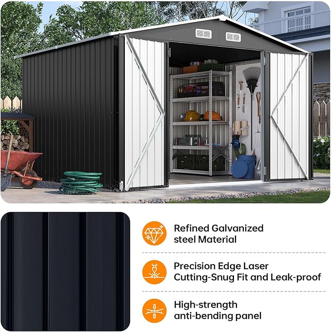 10x8FT Outdoor Storage Shed, Metal Garden Shed with Lockable Double Doors & Sloping Roof, Weather-Resistant Tool Shed for Backyard, Patio, Poolside Black