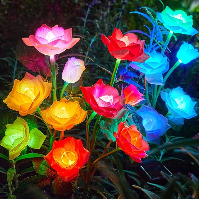 RECHOO Solar Garden Lights - 6 Pack Upgraded Garden Decor with 30 Rose Flowers, 7 Color Changing Waterproof Solar Flowers for Outside Yard Pathway Decoration