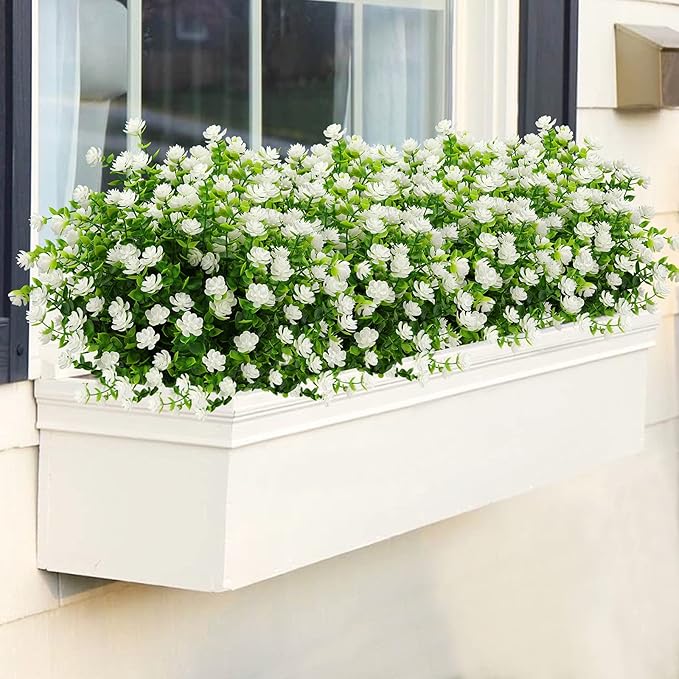 GREENRAIN Artificial Flowers Outdoor Fake Flowers for Decoration UV Resistant No Fade Faux Plastic Plants Garden Porch Window Box Décor (18 Bundles, 4#White)