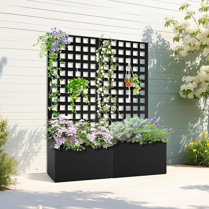 Metal Planter Box with Trellis, Raised Garden Bed with Privacy Screen, Outdoor Standing Flower Beds with Drainage Hole for Climbing Plants, Vine, 23" L x 12" W x 63" H, Black