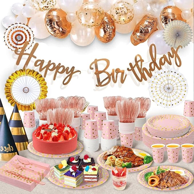 AIRE 350PCS Pink and Gold Party Supplies, Severs 50 Disposable Partyware, Gold Plastic Cutlery, Napkins, Plates for Baby Shower, Birthday, Wedding