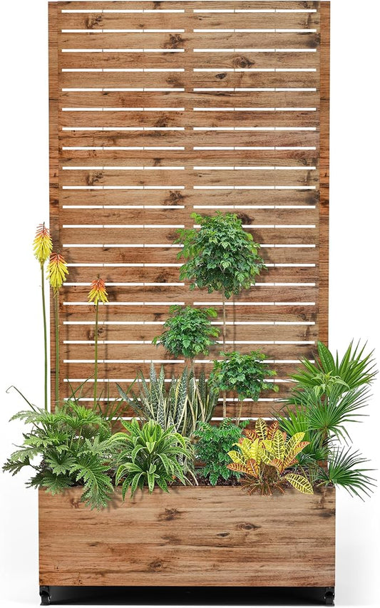 15.7"×70.9"×35.4" Metal Raised Garden Bed with Trellis and Wheels - Tall Trellis Planter Box for Climbing Plants, Vegetables & Vines - Outdoor Privacy Planters for Patio (Natural Wood Grain)