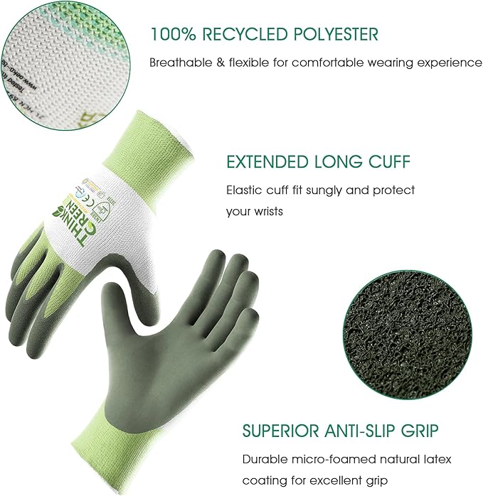 COOLJOB 3 Pairs Gardening Gloves for Women Men, 100% Recycled Polyester with Rubber Coated for Garden Patio Yard Lawn Work, Green, White & Grey, Large Size