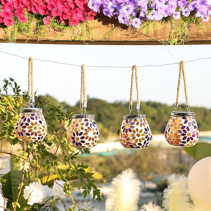 Cooo 4 Pack Mosaic Solar Lantern Outdoor Waterproof IP68 Hanging Projection Light Hidden Lid Pear-Shaped Lantern with Rope Handle Solar Powered Auto On for Patio Garden Fence Table -Petal Mirage