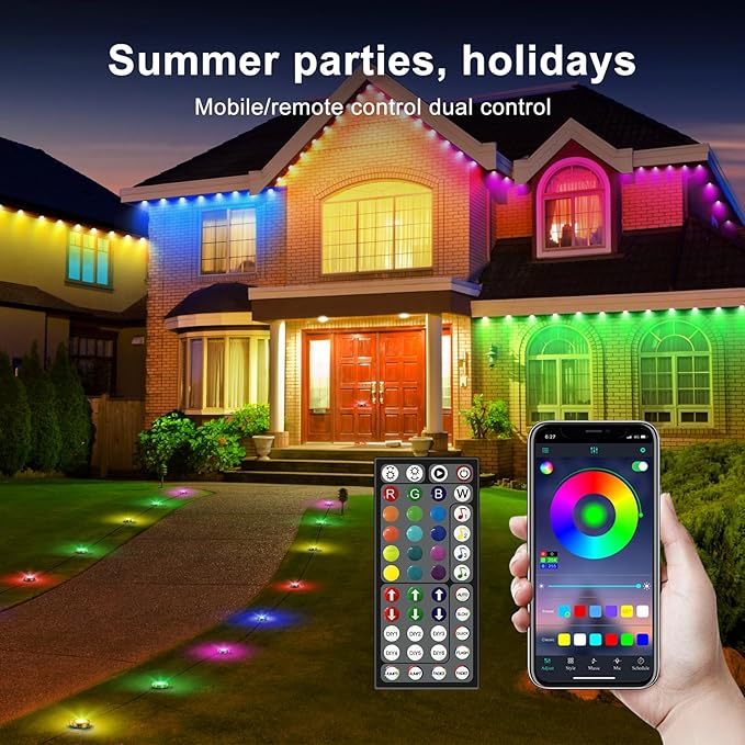 RGB Outdoor Ground Lights, 200Ft Color Changing Pathway Lights with Remote & App Control, Waterproof Walkway Lighting, Wired for Garden Yard Lawn Patio Best for Holiday Party (100FT)
