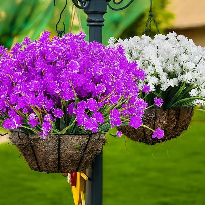 Artificial Fake Flowers, 16 Bundles Outdoor UV Resistant Greenery Shrubs Plants Indoor Outside Hanging Planter Home Garden Decorating (Magenta-Daffodil)
