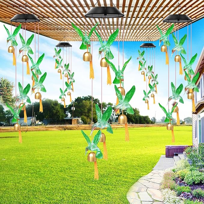 Solar Wind Chimes Outdoor Color Changing Lights, Gift for Women Mom Grandma Sister Best Gifts, Wind Chimes Unique Outdoor Garden Yard Decor (Green Hummingbird Bell)