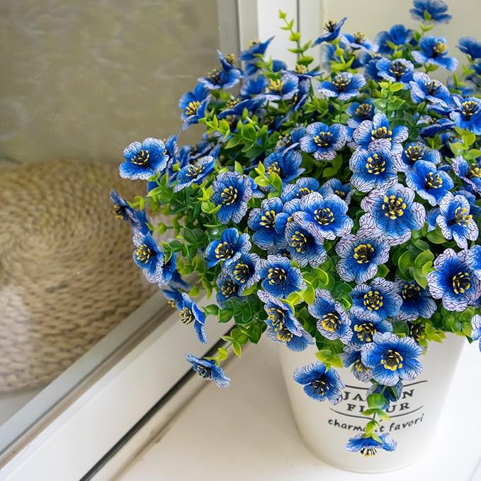 Artificial Flowers for Outdoors, 10 Bundles UV Resistant Artificial Outdoor Flowers, Not-Fading Silk Faux Flowers for Outdoor Planters for Home Garden Porch Decor, Blue