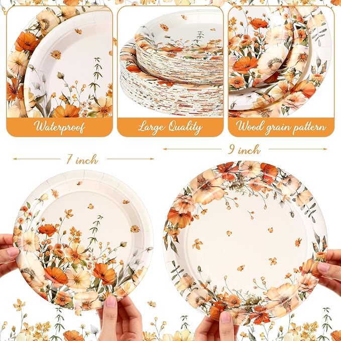 Mumufy 100 Pack Fall Floral Paper Plates 9" & 7" Disposable Autumn Wildflower Cake Dessert Plates Watercolor for Dinner Wedding Baby Shower Birthday Fall Tea Party Decoration Supplies