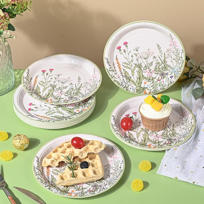 Wildflower Party Plates 7" Floral Paper Plates Spring Summer Botanical Green Leaves Herbs Vintage Garden Disposable Decorative Dessert Plates (24, Vintage Floral)