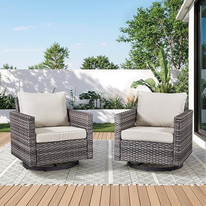 Wicker Swivel Rocker Patio Chairs-High Back Outdoor Swivel Chairs Set of 2 with Thickened Cushions Wide Armrest All Weather Patio Furniture Set for Deck Porch Balcony(Grey/Beige)