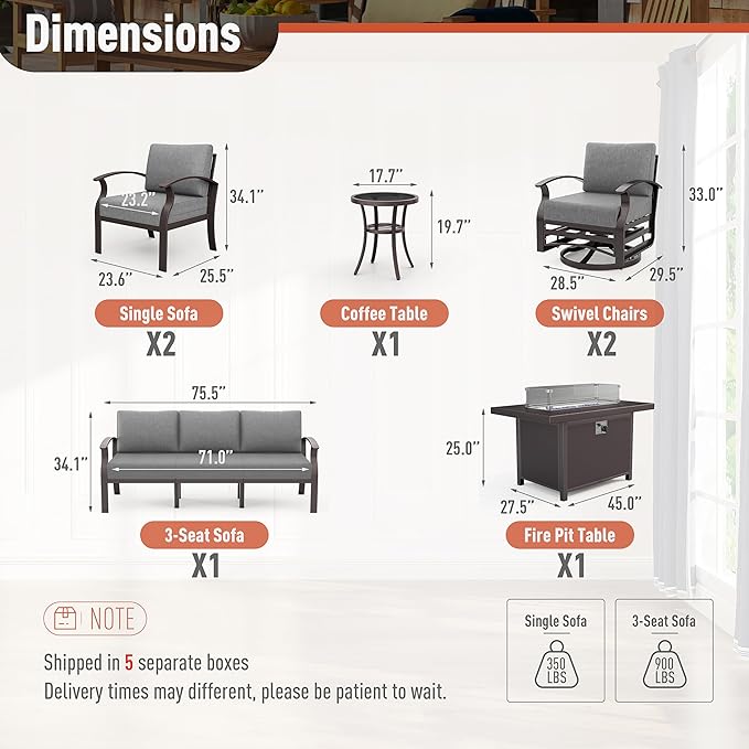 Kurapika Aluminum Patio Furniture Set 7-Seat Modern Metal Outdoor Conversation Sets w/45in Propane Fire Pit Table, Swivel Rocking Chairs Patio Sectional Sofa w/5.1 Inch Cushion, Grey
