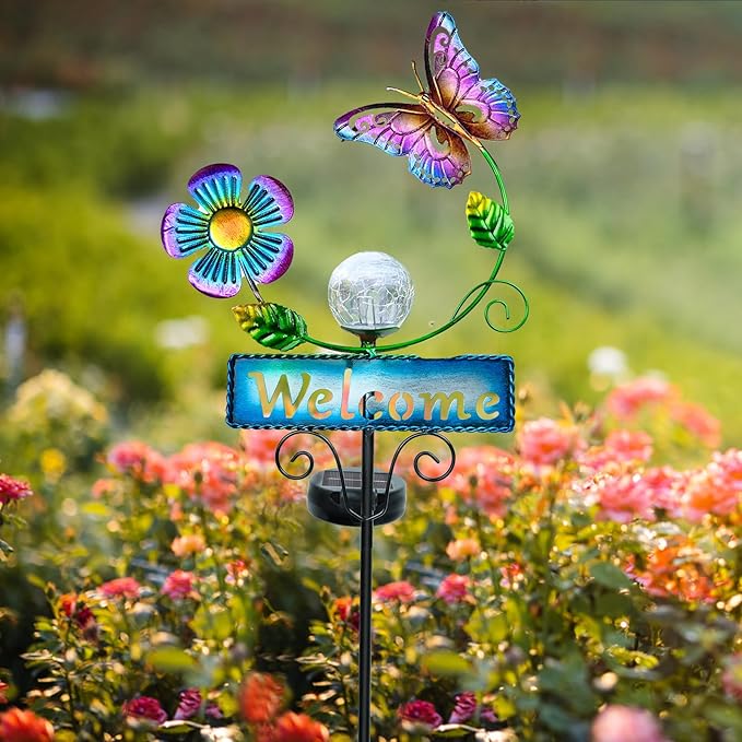 Outdoor Solar Garden Lights with Welcome Sign, Butterfly Ornament Metal Stake Lights for Lawn, Patio, Cracked Glass Balls, for Mom (Butterfly)