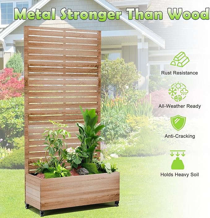 15.7"×70.9"×35.4" Metal Raised Garden Bed with Trellis and Wheels - Tall Trellis Planter Box for Climbing Plants, Vegetables & Vines - Outdoor Privacy Planters for Patio (Cut Oak Grain)