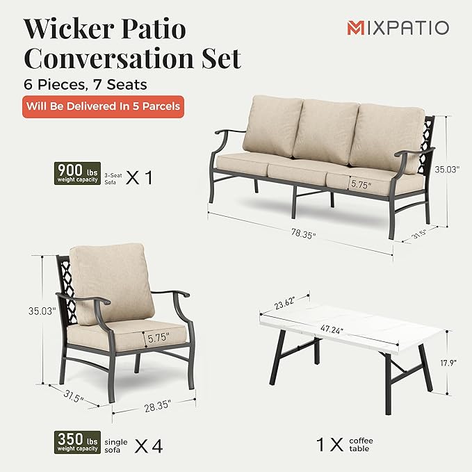 Patio Furniture Set 6 pcs, Outdoor Patio Furniture, 3-Seat Sofa, 4 X Single Chairs, 1 X Coffee Table and 5.75" Extra Thick Cushion, Patio Conversation Set,Beige