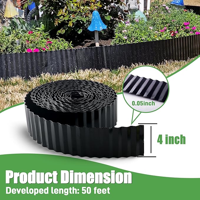Metal Corrugated Garden Edging, 4" x 50Ft Landscape Edging for DIY Flower Beds, Flexible Bender Border for Lawn, Garden and Yard, Sturdy Galvanized Garden Edging, Black
