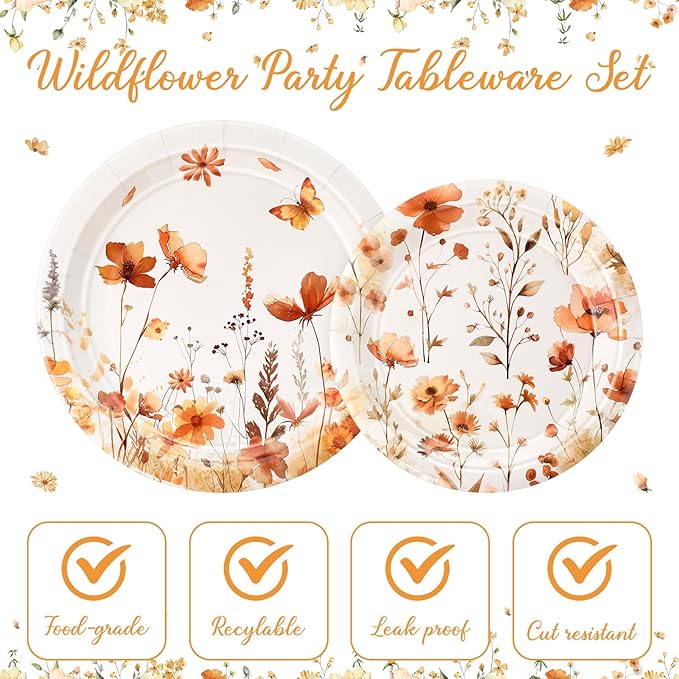 Mumufy 100 Pack Fall Wild Floral Paper Plates 9" & 7" Disposable Autumn Wildflower Cake Dessert Plates Watercolor for Dinner Wedding Baby Shower Birthday Fall Tea Party Decoration Supplies
