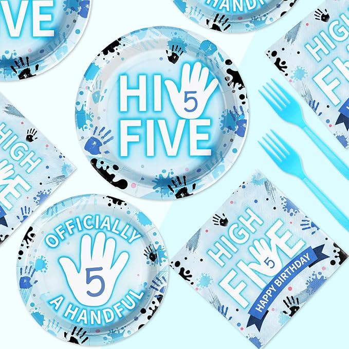 96Pcs Hi Five Party Decorations Blue High 5 Year Old Plates And Napkins Tableware Sets Officially a Handful 5th Birthday Decorations for Kids Girls Boys Five Years Old Birthday Supplies Serves 24