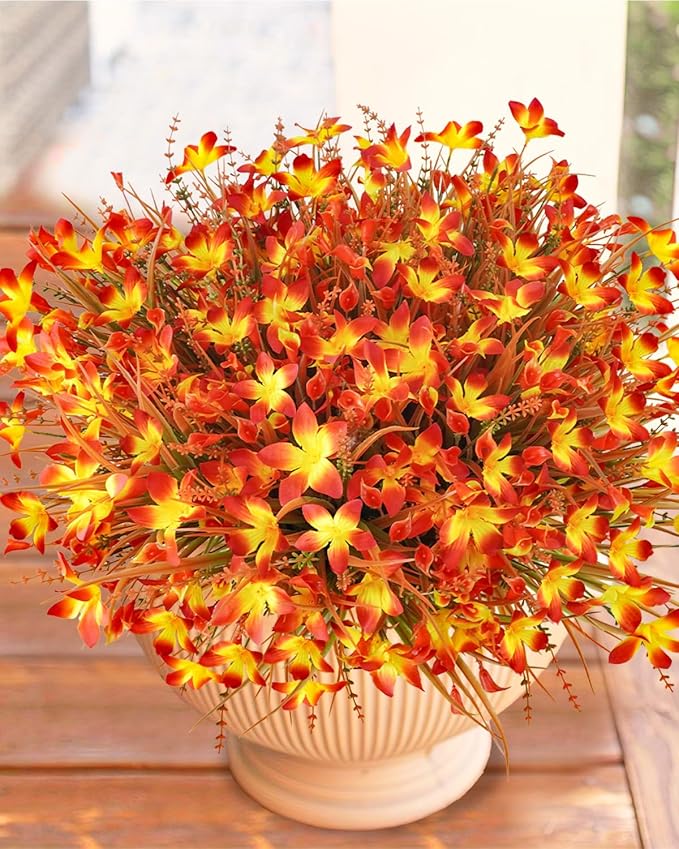 Uieke 72PCS Artificial Mums for Outdoors Fake Fall Outdoor Lavender Flowers Orange Calla Lilly and Autumn Daisy Mums Flowers No Fade for Outside Window Box Porch Planters Garden Thanksgiving Decor